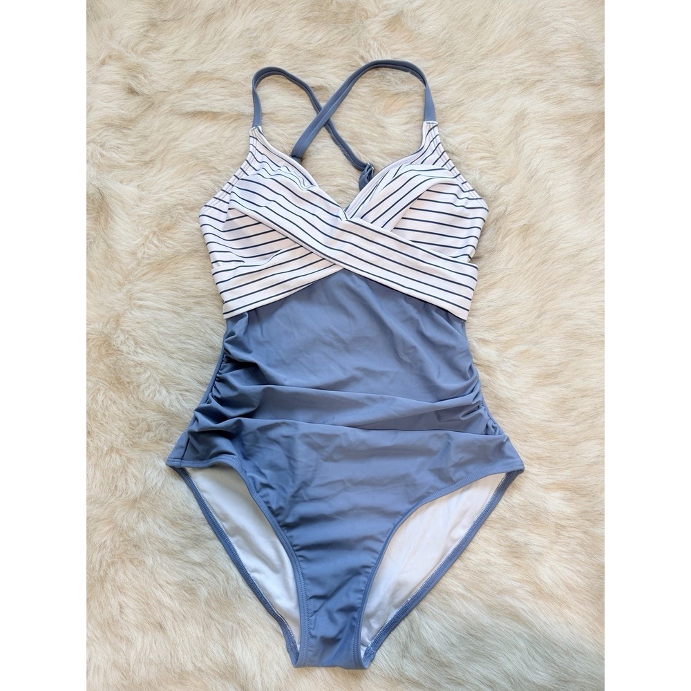 B2Prity Twist Front One-Piece Striped Blue White Ruched Sides Tummy Control XL